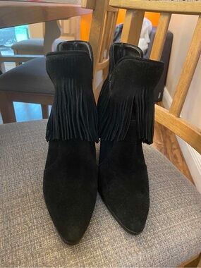 Boots are made ro walkin …Antonio Melani  Black Suede Fringe Pointed Toe